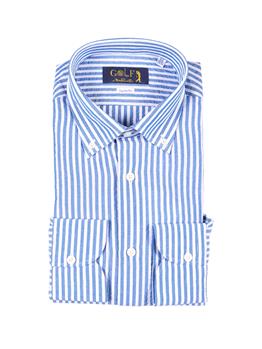 Camicia golf lino rigata BIANCO E CELESTE SCURO