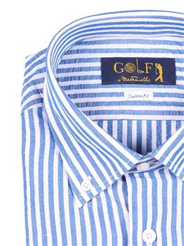 Camicia golf lino rigata BIANCO E CELESTE SCURO - gallery 3
