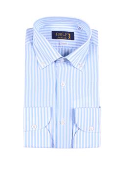 Camicia golf lino rigata BIANCO E CELESTE CHIARO